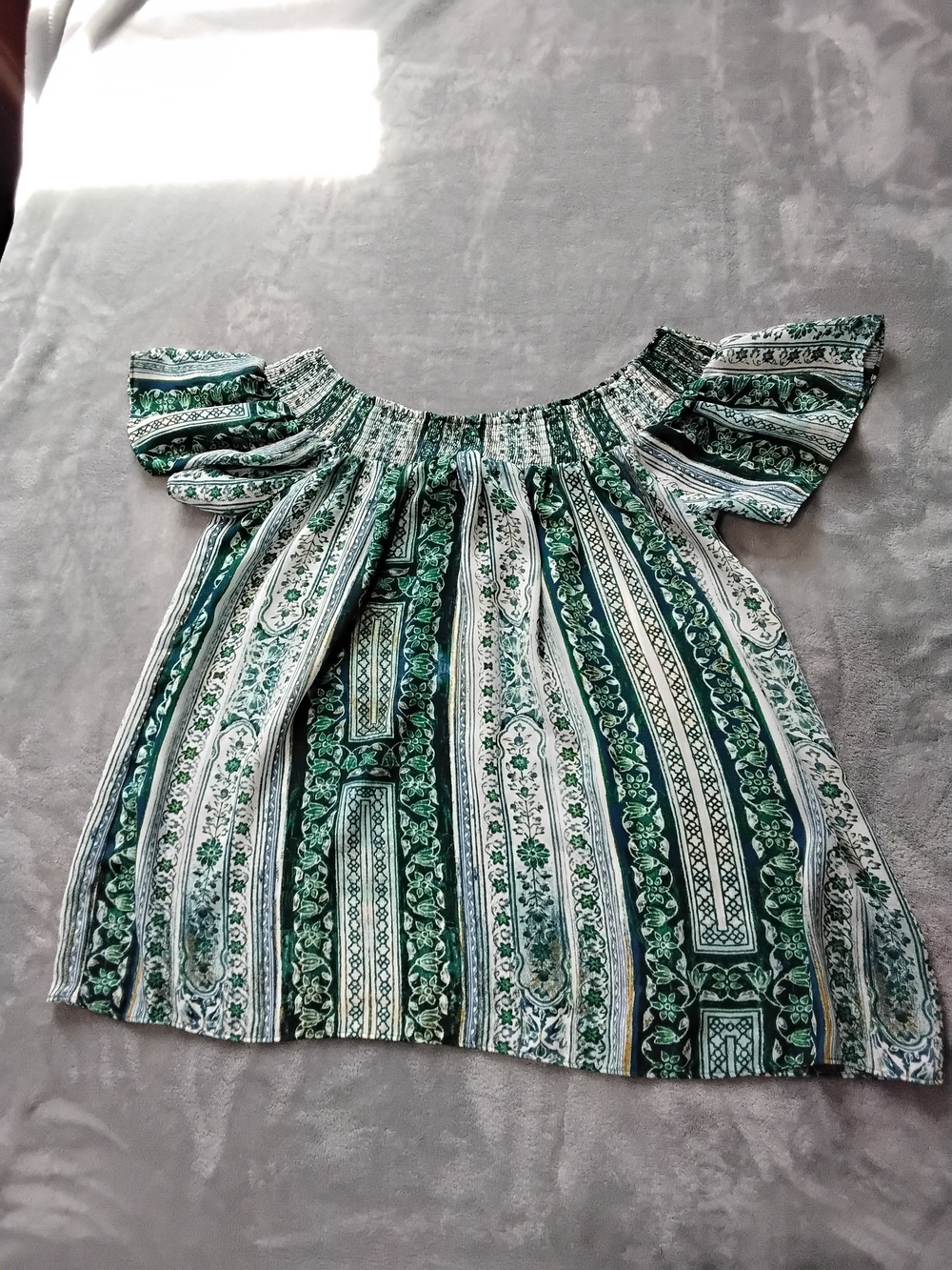 HD in Paris Green and White Off-Shoulder Striped Floral Blouse